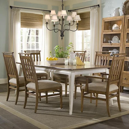 Rectangle Dining Table with 2 Upholstered Slat Back Arm Chairs & 4 Upholstered Slat Back Side Chairs